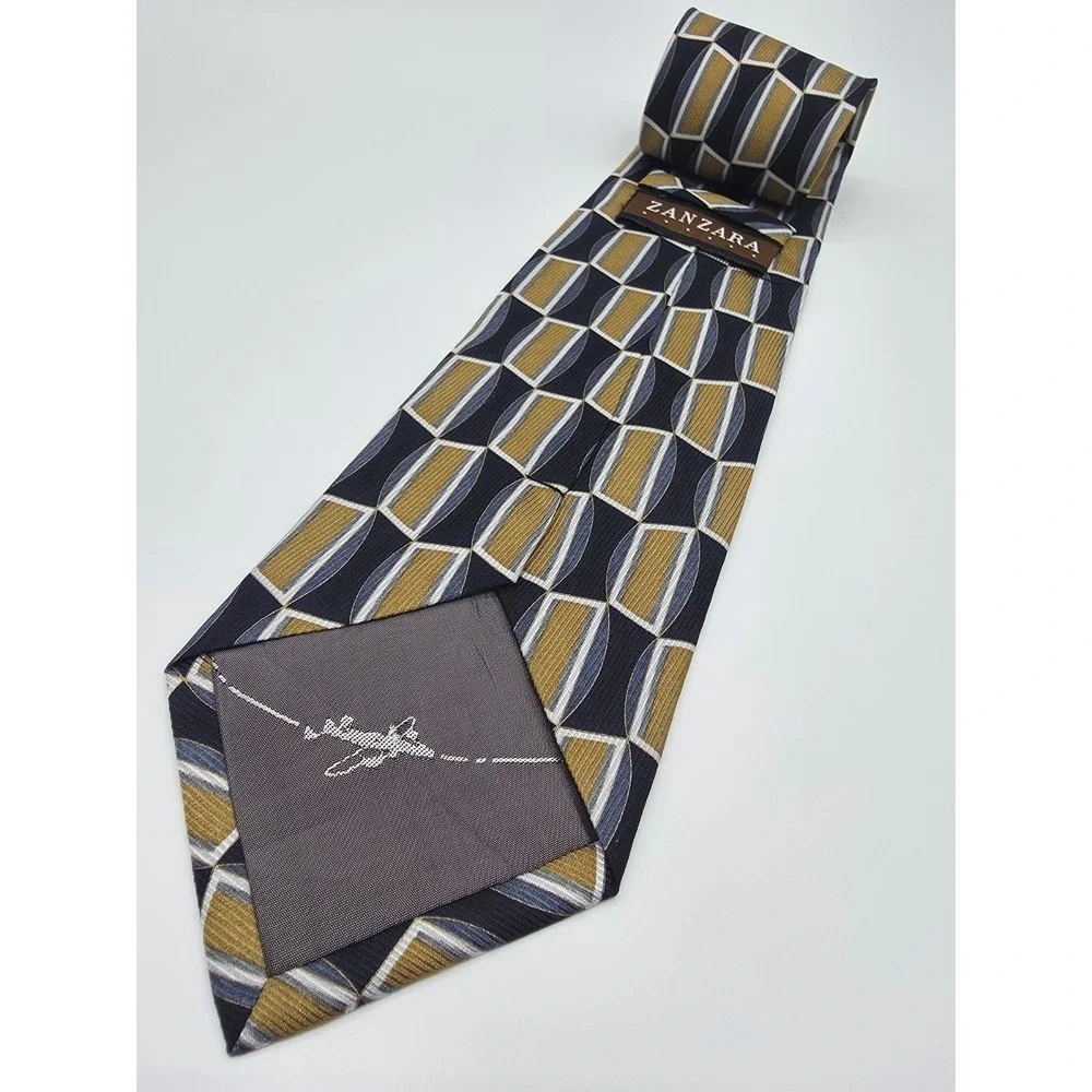 Zanzara Men's 100% Silk Gold Blue White Geometric Tie 59